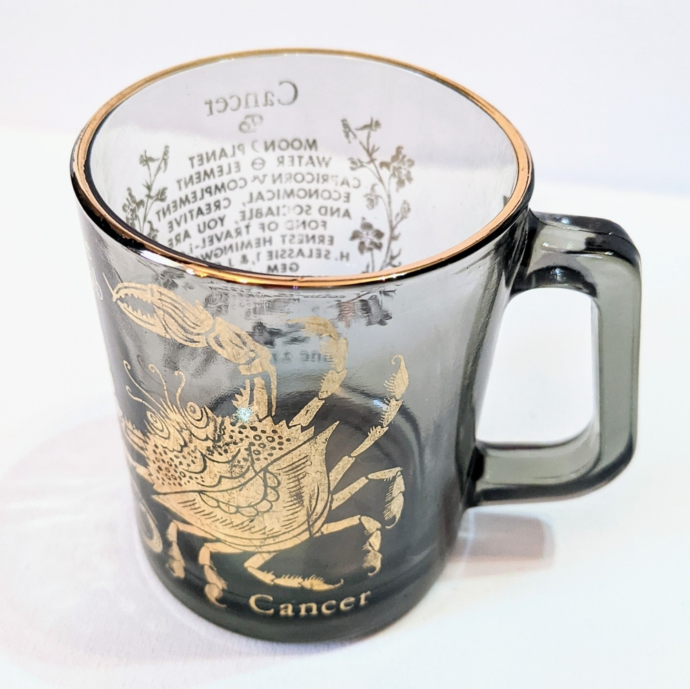 Smokey glass CANCER horoscope mug with gold accents crab and stats
